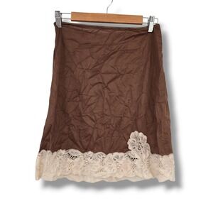 Van Raalte Vintage Brown Nylon Half Slip Skirt Cream Floral Lace Trim Small